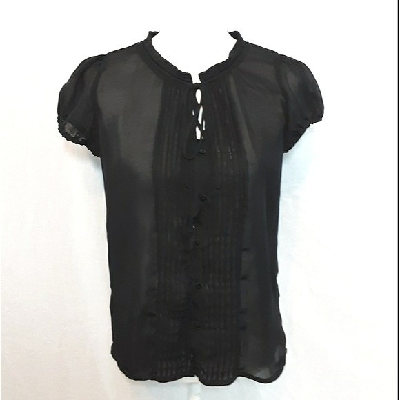 Zara Trf Collection Pleated Accent Black Sheer Short Sleeves Top Small - Picture 3 of 6